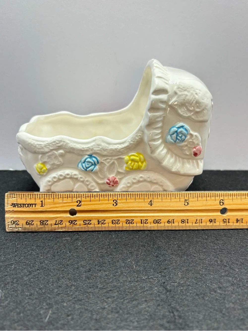 Glossy Ceramic Baby Carriage Planter in White with Pink, Blue & Yellow Accents